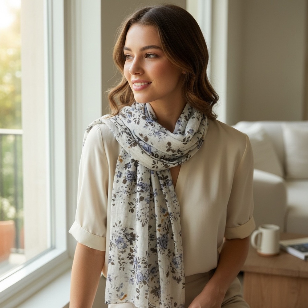 White with Periwinkle Floral Print Lightweight Scarf